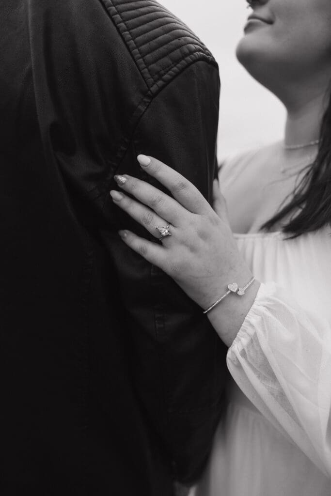 Close-up of engagement ring and bracelet at Portland Women’s Forum State Scenic Viewpoint in Corbett, Oregon.